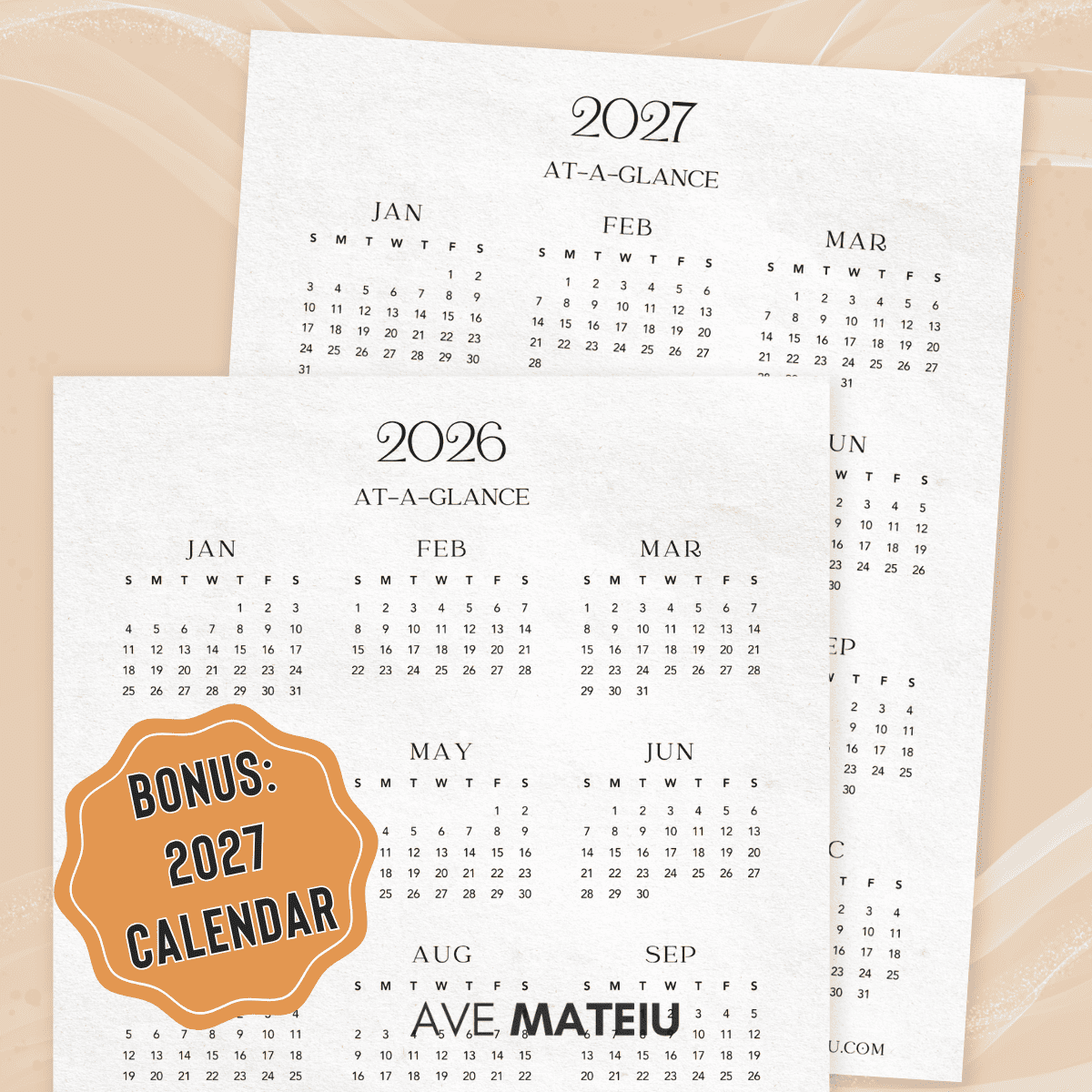 2026 yearly calendar printable displayed with a free bonus 2027 yearly calendar, designed in a clean minimalist planner style.