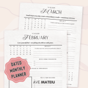 2026 February and March monthly calendar printables with motivational quotes, inspirational planner pages with notes, reflection prompts, important dates, and self-care checklist for productivity and mindfulness.