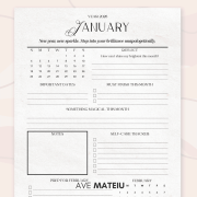 2026 January monthly calendar with motivational quote, printable inspirational calendar page with notes and reflection question for goal setting and productivity.