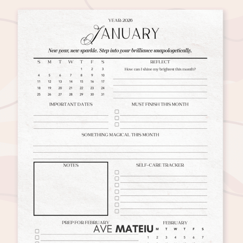 2026 January monthly calendar with motivational quote, printable inspirational calendar page with notes and reflection question for goal setting and productivity.