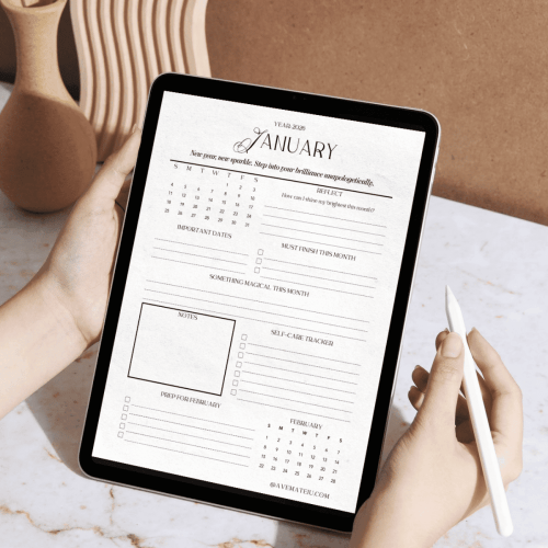 Digital 2026 January monthly calendar with motivational quote displayed on iPad, inspirational monthly planner with notes, reflection prompts, and printable self-care checklist.