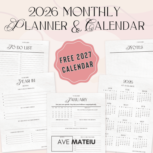 2026 Monthly Calendar with Motivational Quotes printable bundle with stationery set, inspirational 2026 planner pages, self-care checklist, notes, to-do lists, motivational calendar printable.