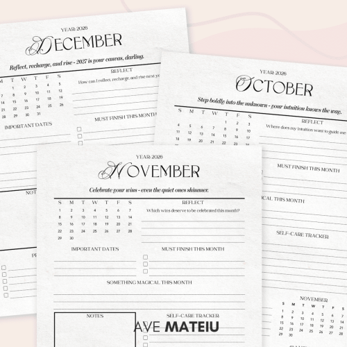 2026 October, November, and December monthly calendar printables with motivational quotes, end-of-year inspirational planner pages with notes and self-care sections.