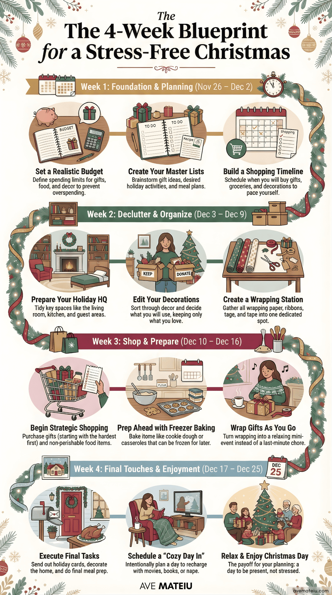 Infographic titled 'The 4-Week Blueprint for a Stress-Free organized Christmas.' It outlines weekly tasks for November 26 to December 25. Week 1 (Nov 26 - Dec 2): Set a realistic budget, create master lists, build a shopping timeline. Week 2 (Dec 3 - Dec 9): Prepare holiday HQ, edit decorations, create a wrapping station. Week 3 (Dec 10 - Dec 16): Begin strategic shopping, prep with freezer baking, wrap gifts as you go. Week 4 (Dec 17 - Dec 25): Execute final tasks, schedule a cozy day, relax and enjoy Christmas. Illustrations depict festive scenes, promoting a calm holiday preparation.