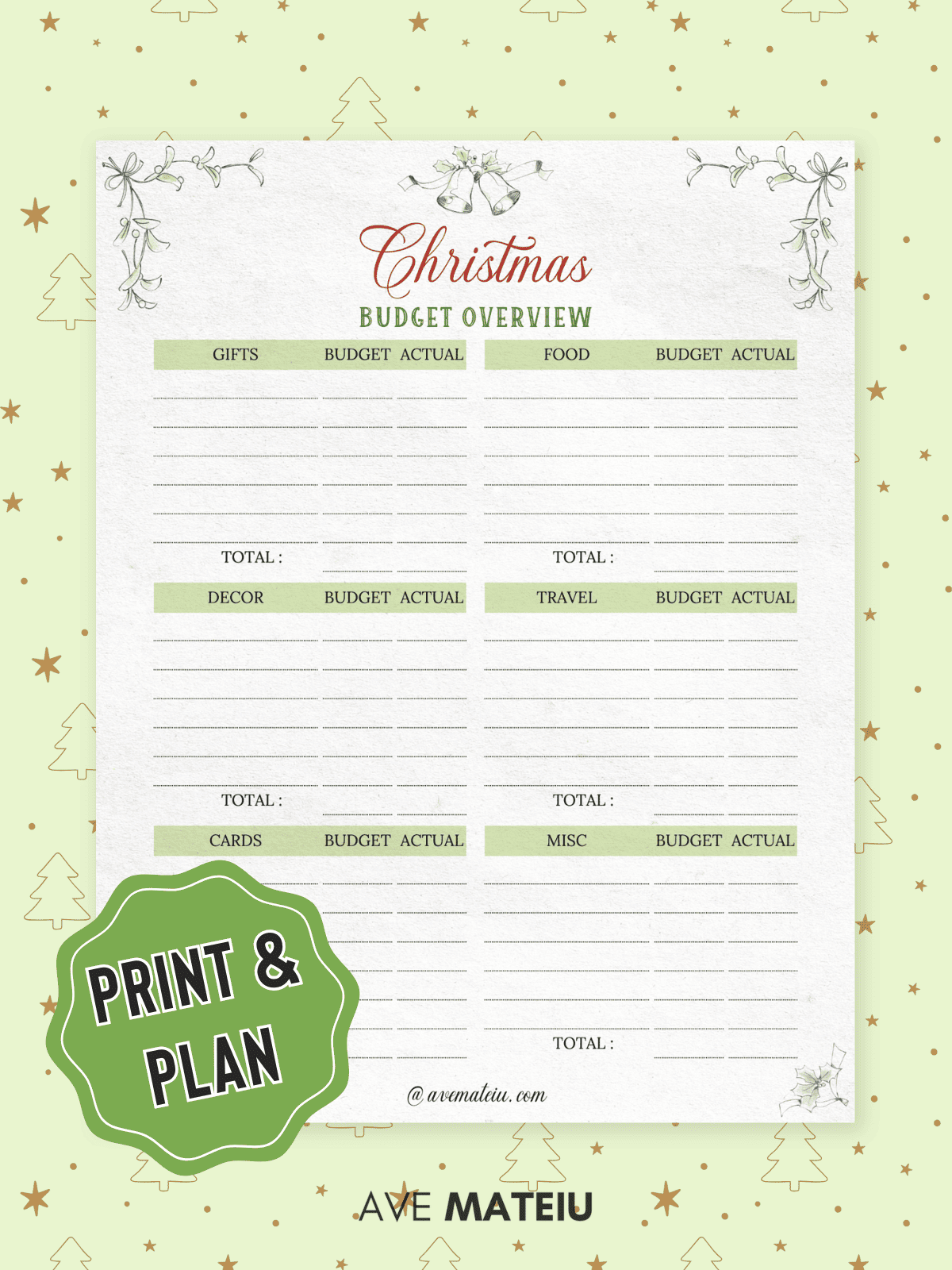 Christmas budget worksheet with categories for gifts, food, decor, travel, cards, and miscellaneous. Stars and tree icons on a green background.