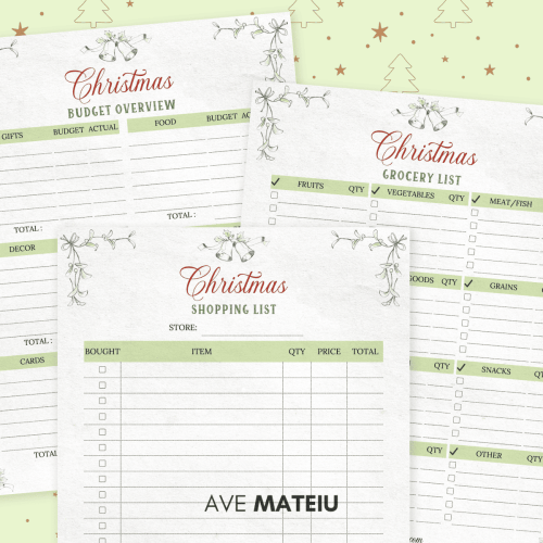 Printable Christmas Budget Planner with shopping list and grocery list pages for organized holiday spending.