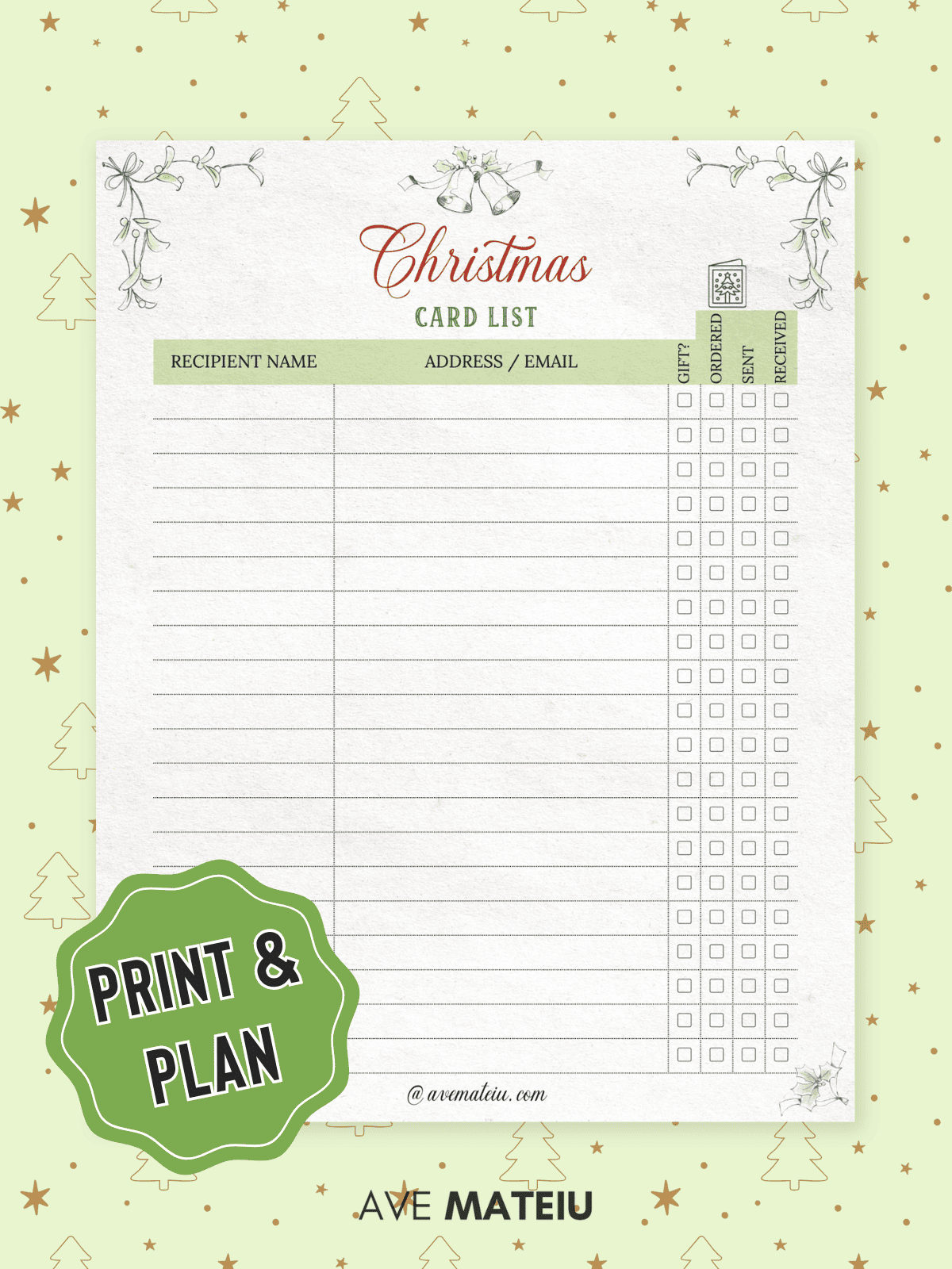 Festive Christmas card list template on a pale green background with stars and trees. Features sections for recipient name, address, and checklist for gifts.