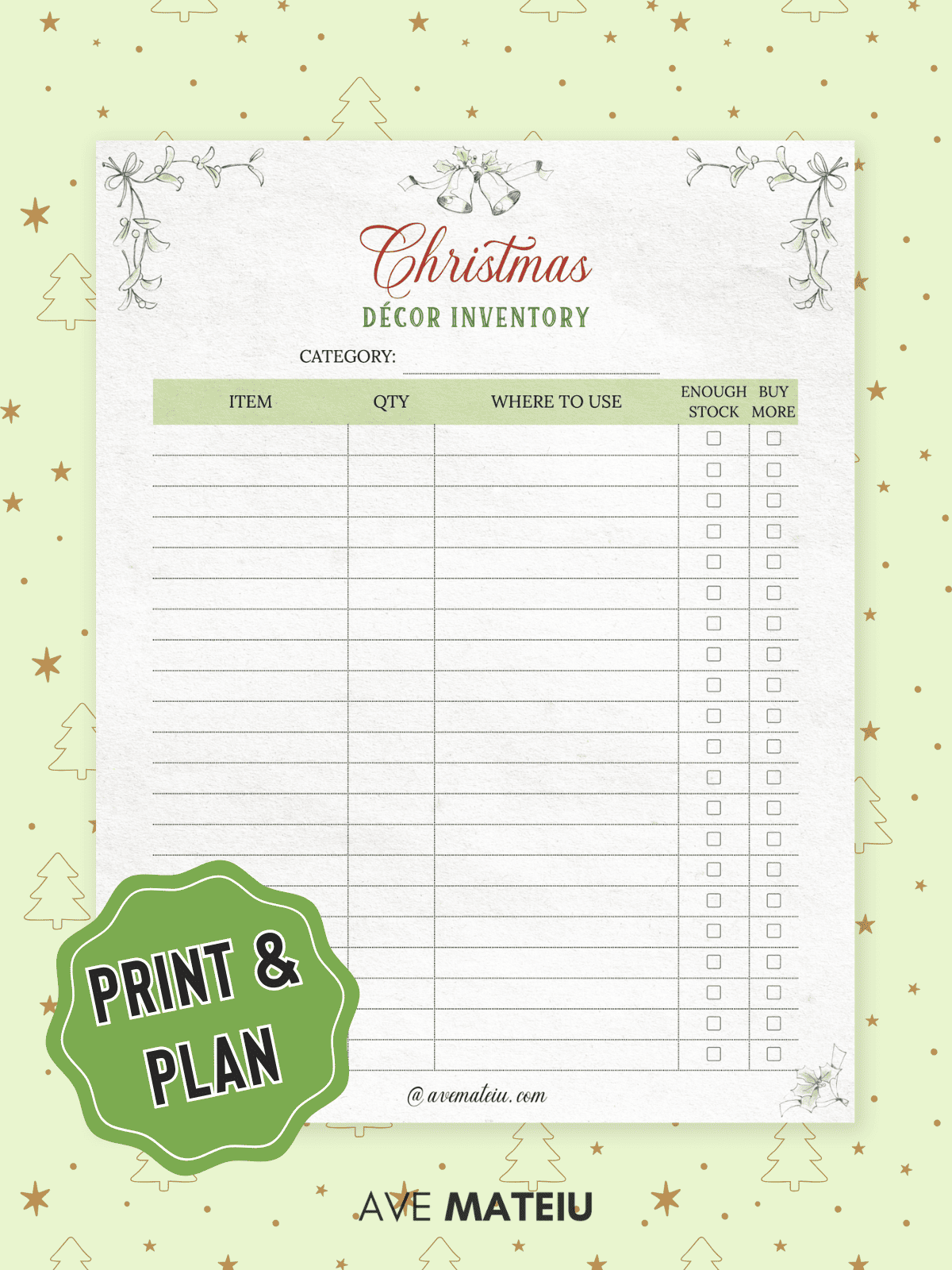 Christmas decor inventory list on a festive green background with star and tree patterns. Includes columns for item, quantity, use, and checkboxes. Decorative bells adorn the top.