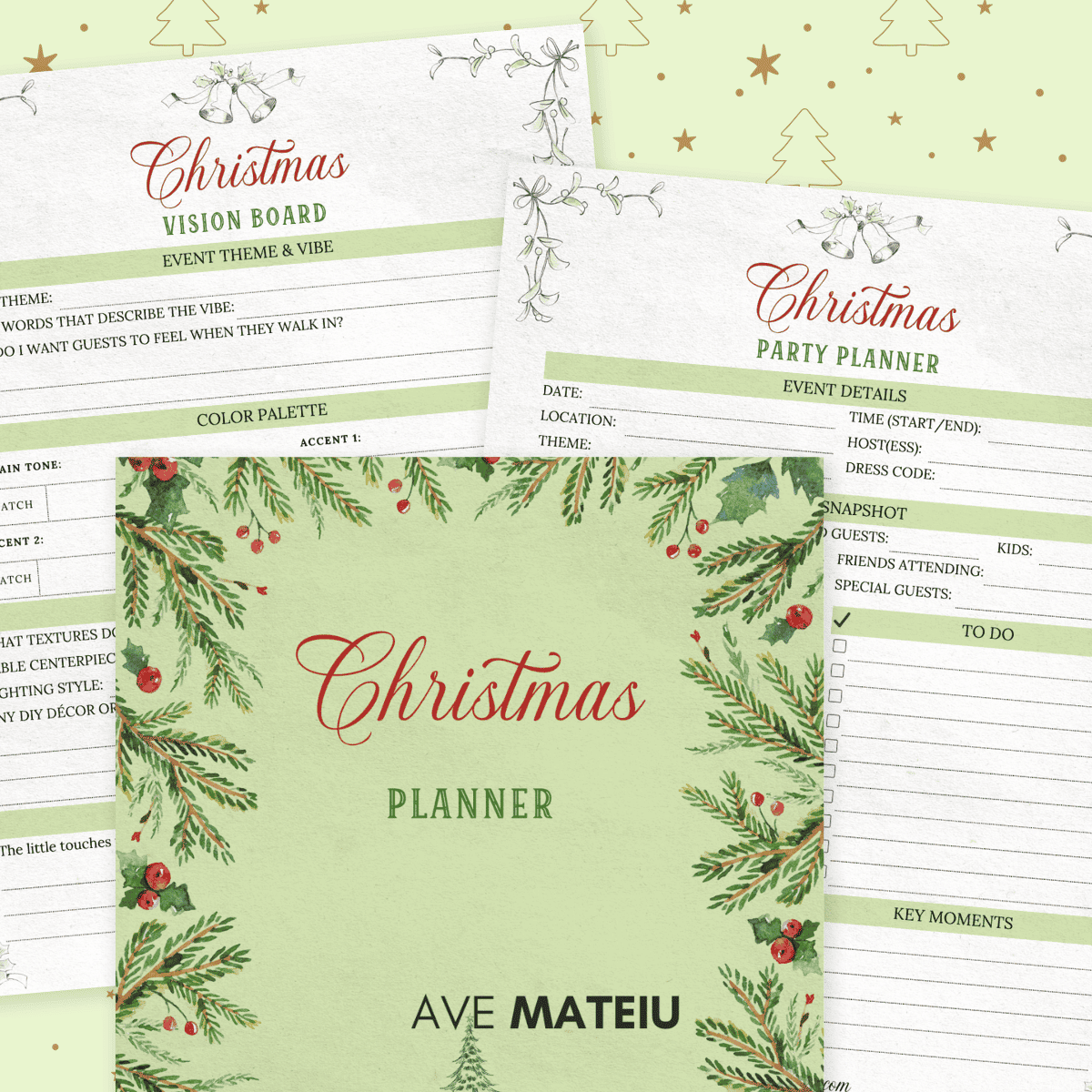 Printable Christmas Event Planner with cover design and vision board pages for holiday planning.