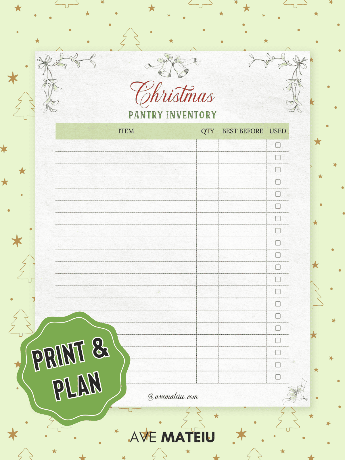 Christmas-themed pantry inventory checklist on a light green background with stars and tree outlines. Includes columns for item, quantity, best before, and used.