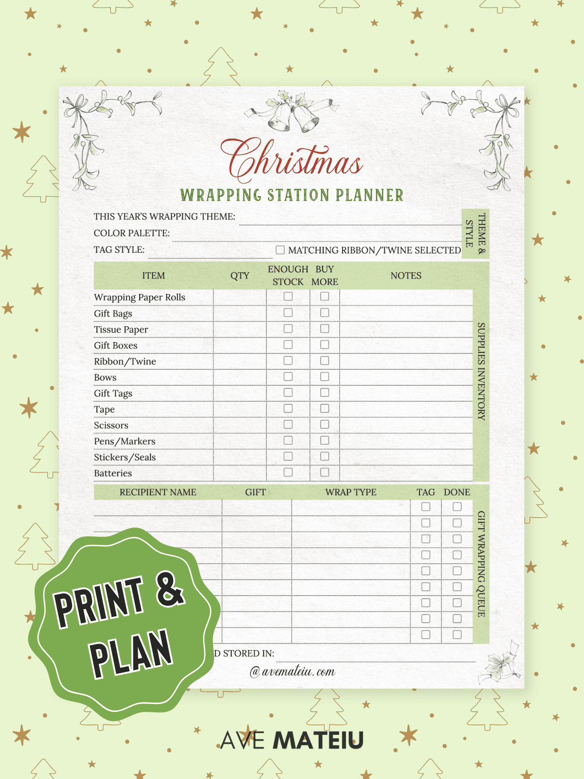 Christmas-themed wrapping station planner on a light green background with tree and star icons. Includes lists for supplies and gift wrapping tasks.
