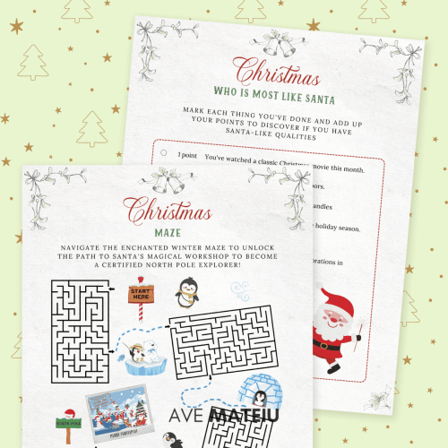 Free printable Christmas Maze game and ‘Who Is Most Like Santa’ activity pages for kids and families.