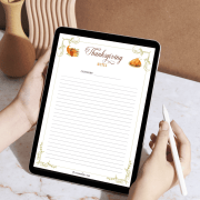 Free Thanksgiving Writing Paper displayed on tablet iPad — digital version of the printable Thanksgiving stationery set with lined note page