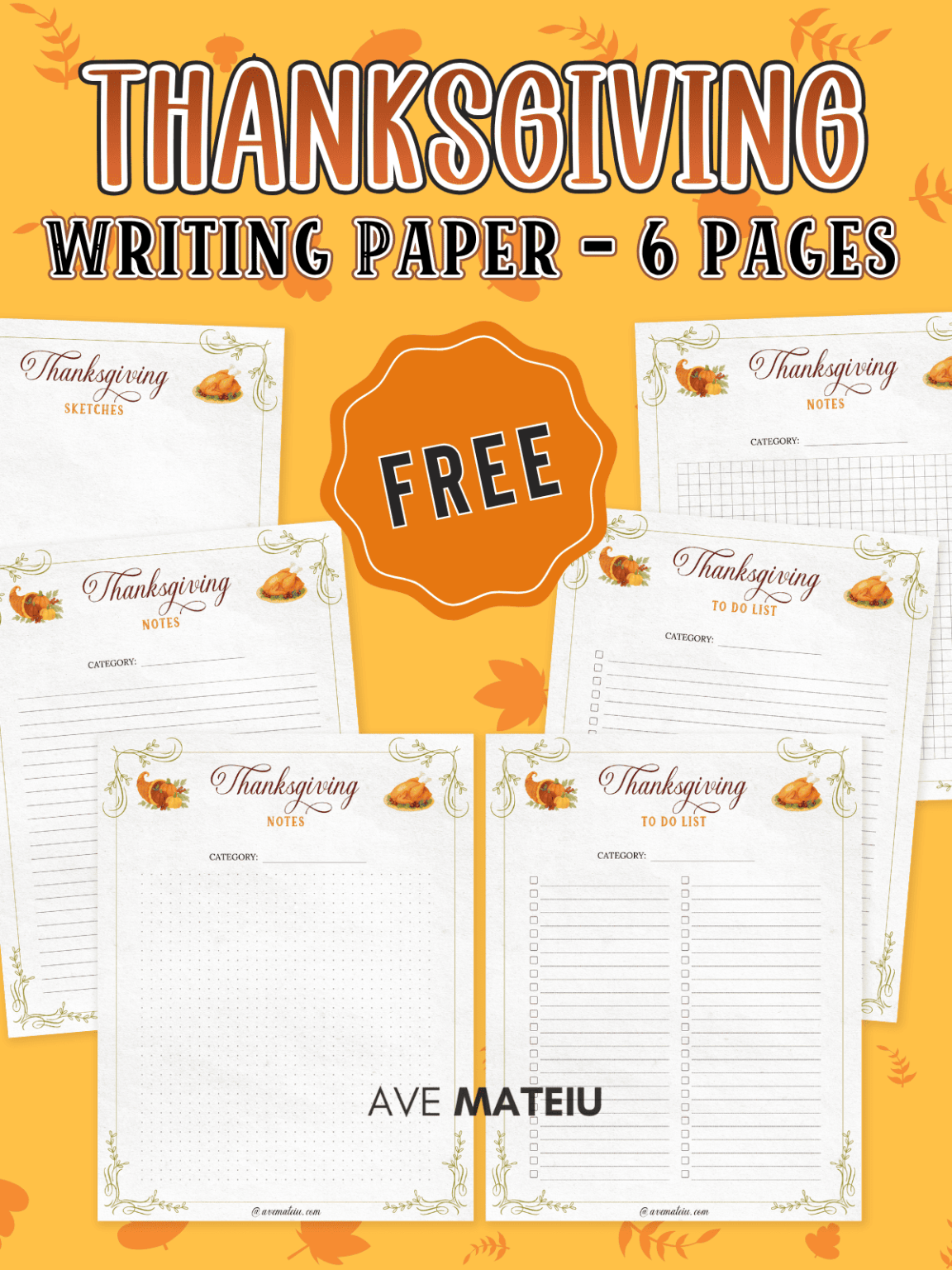 Free Thanksgiving Writing Paper Printable — Thanksgiving stationery set preview featuring to-do lists, notes, and sketch pages in warm seasonal design.