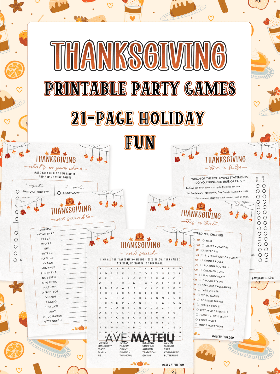Turn your Thanksgiving into a laughter-filled party! 🎉 15 printable games like Word Search, Scattergories & Trivia — perfect for families, kids & Friendsgiving fun! 🍂 #ThanksgivingGames #Friendsgiving #PrintableGames #HolidayFun