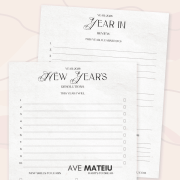 New Year’s Resolutions and Year in Review printable pages for 2026 motivational calendar, personal growth planner worksheets for goal setting and reflection.