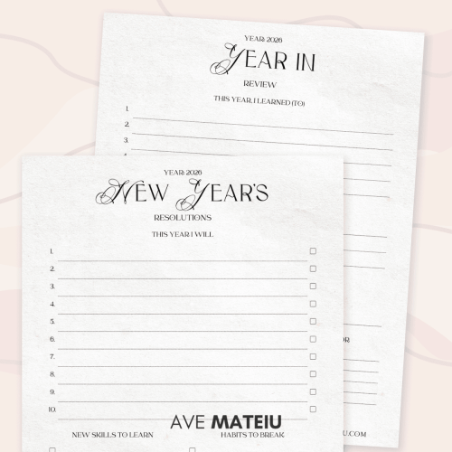 New Year’s Resolutions and Year in Review printable pages for 2026 motivational calendar, personal growth planner worksheets for goal setting and reflection.
