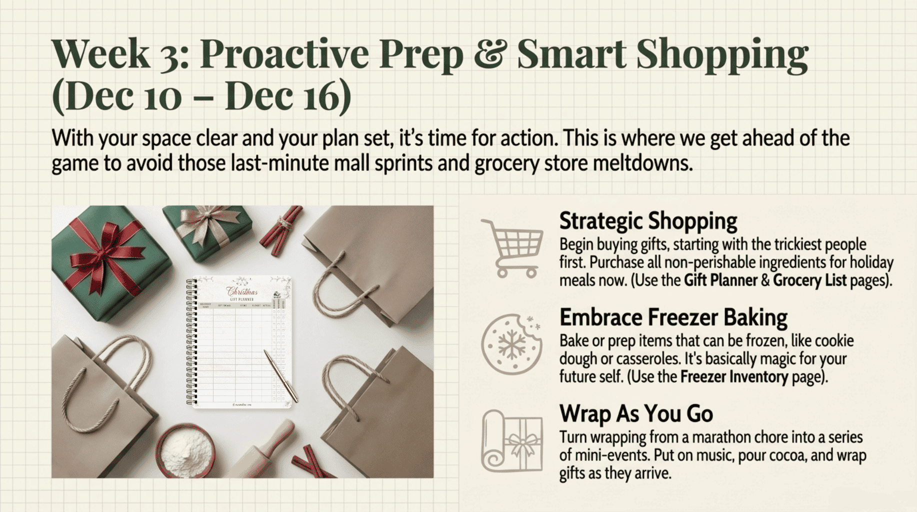 Week 3 holiday prep guide with gift boxes, shopping list, and gift bags. Tips include strategic shopping, freezer baking, and wrapping gift as you go.