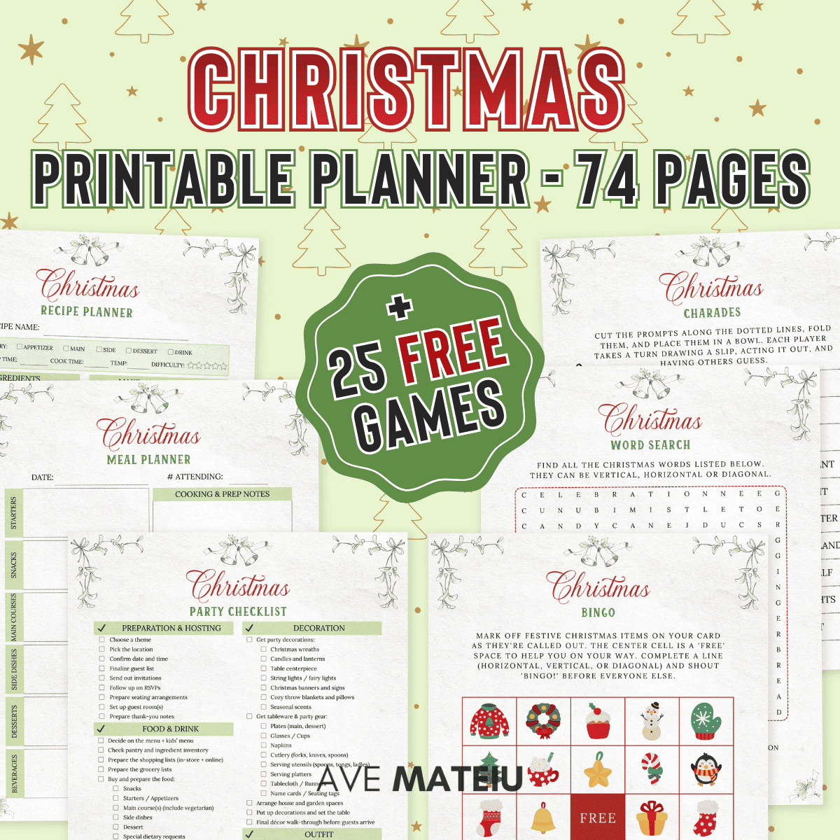 Printable Christmas Planner featuring 70+ pages of holiday planning templates—recipe planner, meal planner, party checklist—and 25 free Christmas games including Bingo, Word Search, and Charades.
