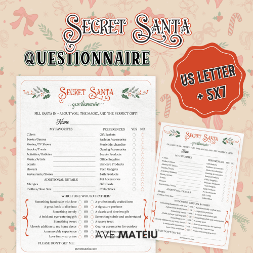 Printable Secret Santa Questionnaire for gift exchange — fun Christmas survey sheet to learn your recipient’s likes and holiday wishes.