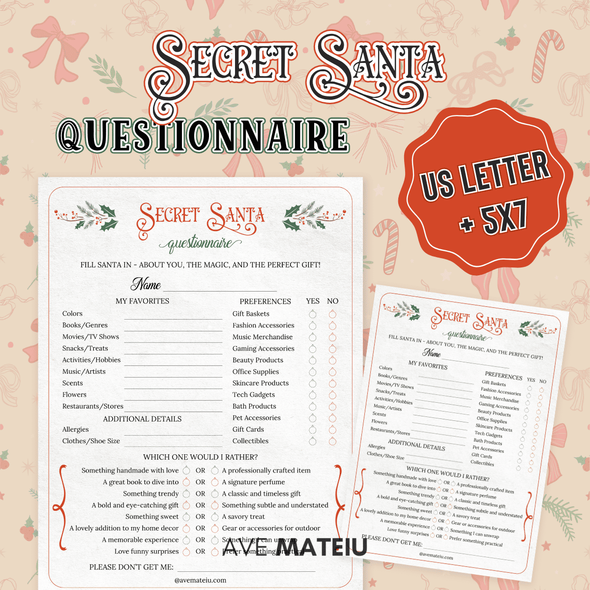 Printable Secret Santa Questionnaire for gift exchange — fun Christmas survey sheet to learn your recipient’s likes and holiday wishes.