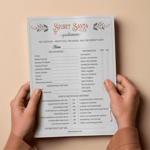 Printed Secret Santa Questionnaire for gift exchange on festive desk — perfect for office, classroom, or family Secret Santa events.