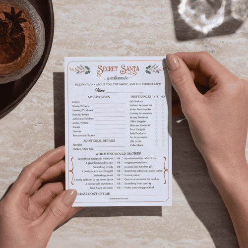Small 5x7 Secret Santa Questionnaire printable — compact version for work gift exchanges, classrooms, or Christmas parties.