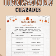 Vertical mockup of Thanksgiving Charades printable PDF featuring festive design and family-friendly words. Perfect Thanksgiving party game for kids, teens, and adults to enjoy during holiday gatherings.