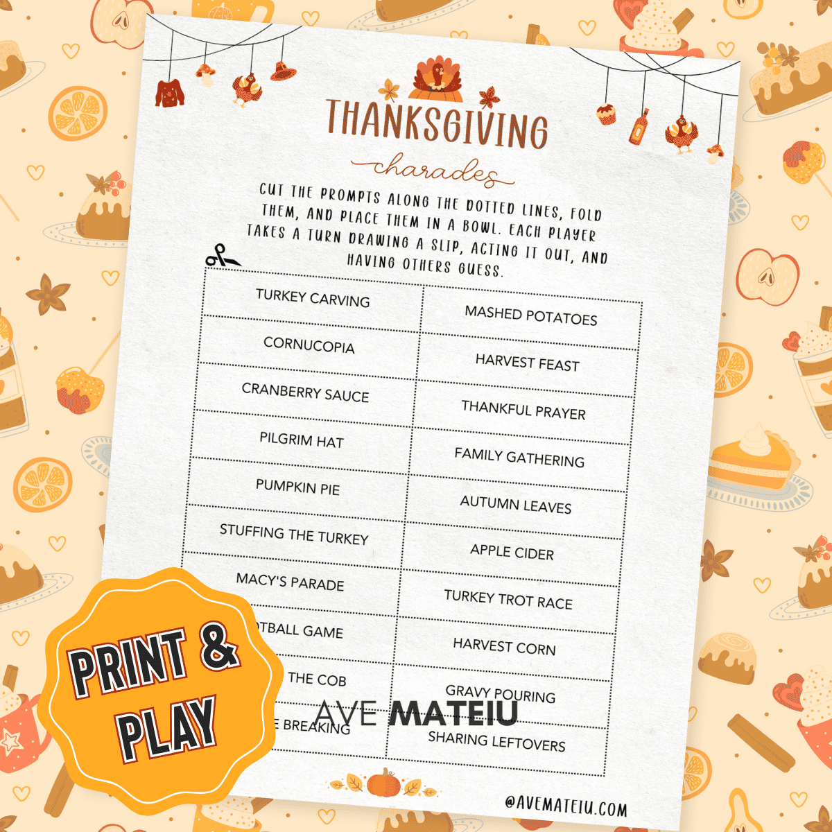 Printable Thanksgiving Charades game — hilarious Thanksgiving party icebreaker for families, adults, and Friendsgiving events.
