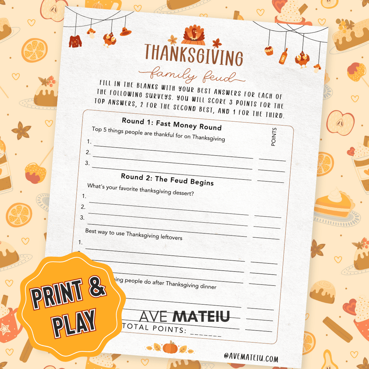Printable Thanksgiving Family Feud game — great for large groups, Friendsgiving, and family holiday gatherings.