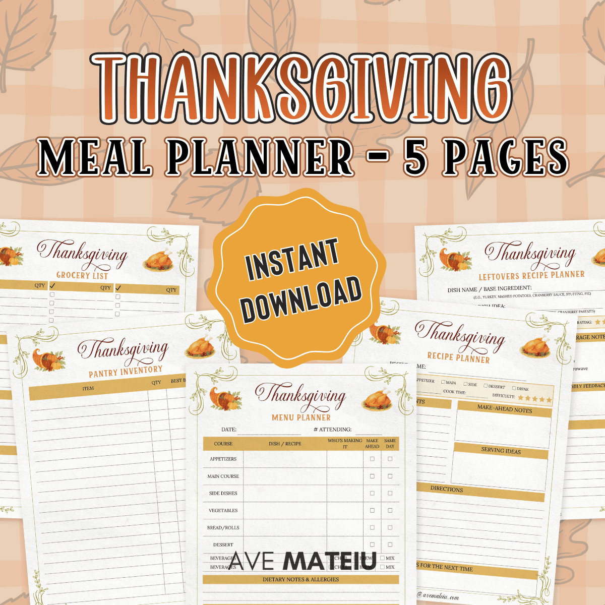 Organize your Thanksgiving like a pro with this printable Thanksgiving Meal Planner! Includes grocery lists, menu planner, and recipe pages to make holiday prep stress-free. Perfect for family dinners, Friendsgiving, and easy meal planning. 🦃 Get the full 60-page Thanksgiving Planner for complete holiday organization! #ThanksgivingPlanner #MealPlannerPrintable #ThanksgivingPlanning #HolidayMeals #Friendsgiving #ThanksgivingOrganizer #PrintablePlanner