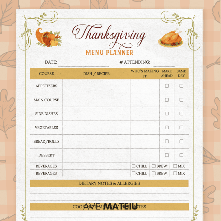 Thanksgiving Menu Planner printable page from Thanksgiving Meal Planner, helping plan your holiday dinner efficiently.