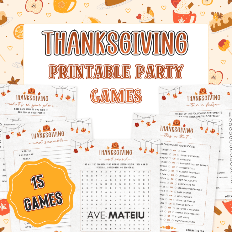 Thanksgiving Party Games Printable bundle with fun activities like What’s on Your Phone, Word Scramble, Word Search, and This or That — perfect Friendsgiving party games for families.