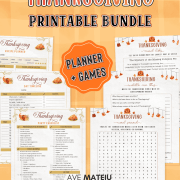 Thanksgiving Planner and Party Games bundle – full 60-page printable planner with 15 games including Word Search, Riddle Me This, Mad Libs, Party Checklist, Recipe Planner, and Cooking Schedule. Perfect for family, classroom, or Friendsgiving fun.
