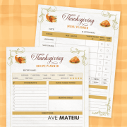Thanksgiving Recipe Planner and Menu Planner printable pages – plan your holiday meals, grocery lists, and menu for stress-free Thanksgiving preparation.
