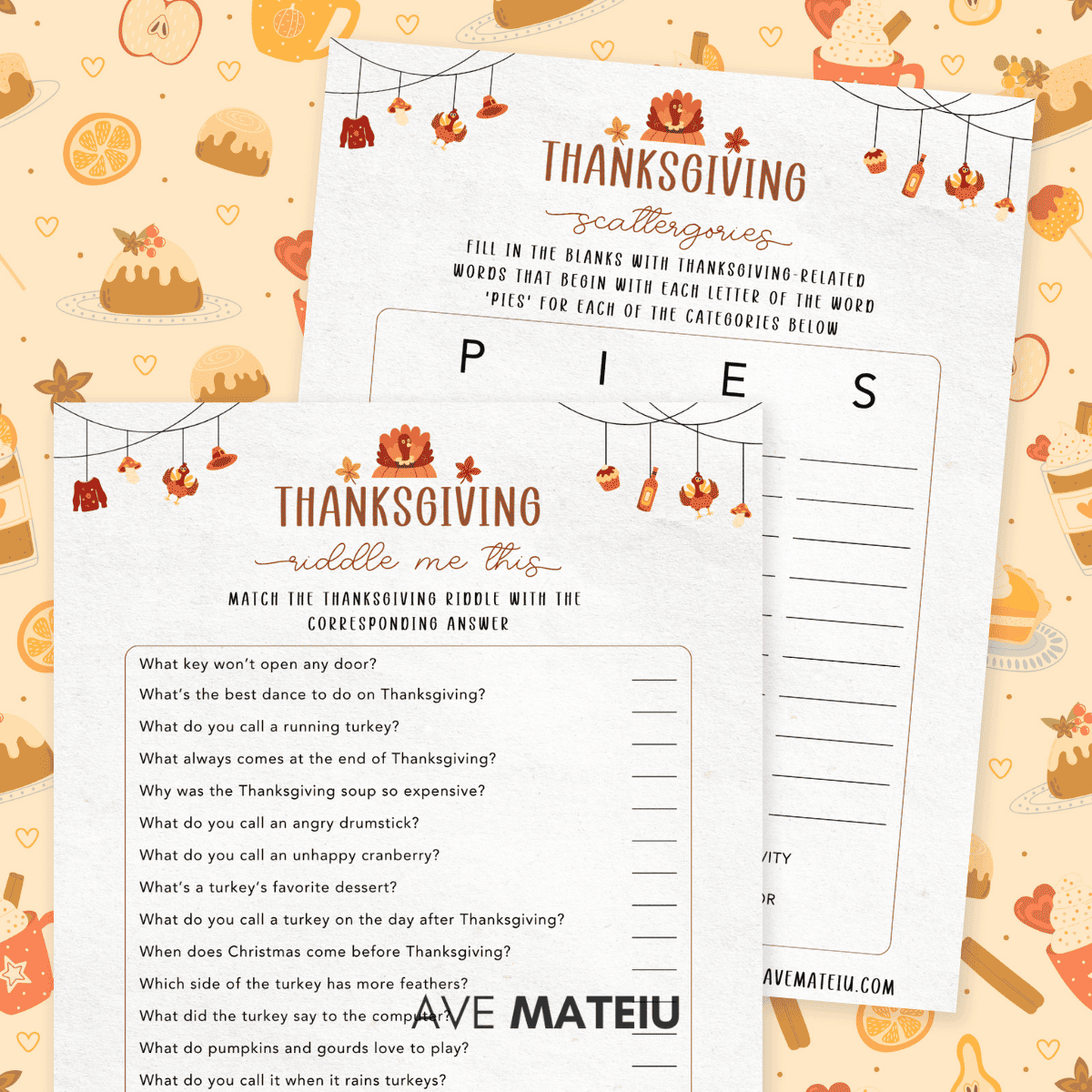 Printable Thanksgiving Riddle Me This and Scattergories games — creative holiday games for family and Friendsgiving parties.