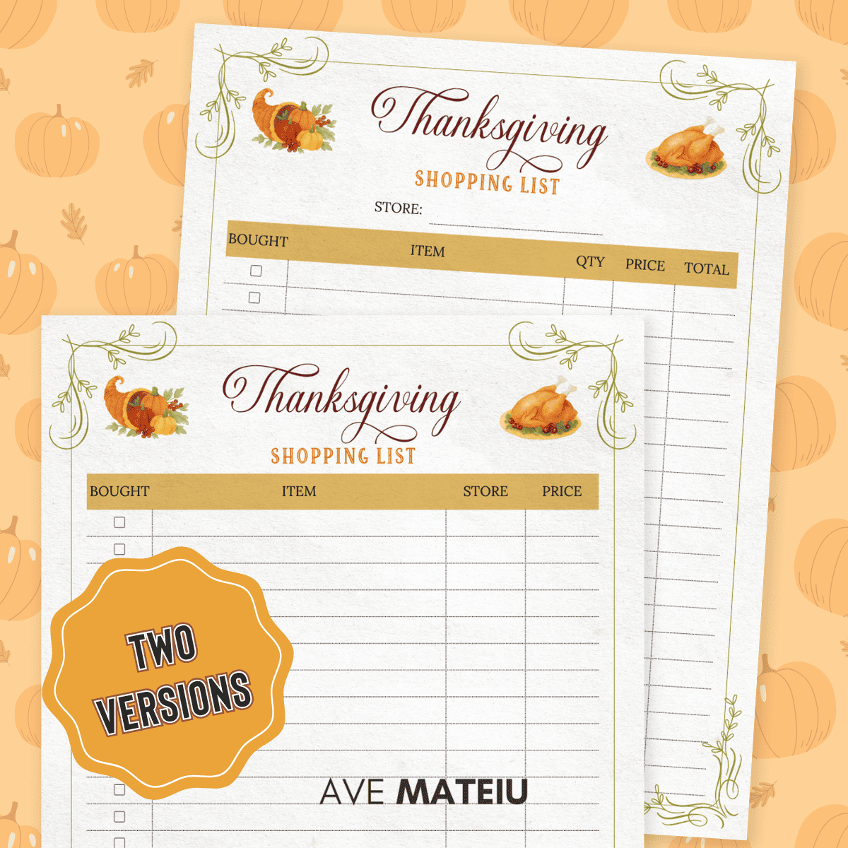 Two printable Thanksgiving shopping list templates for efficient holiday meal and grocery planning.