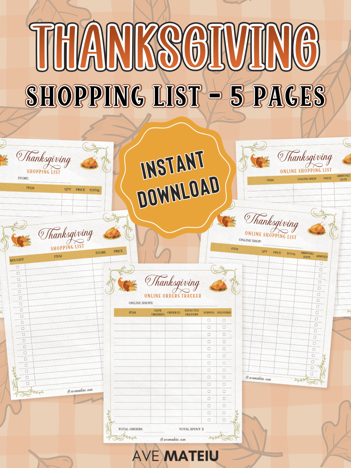 Printable Thanksgiving Shopping List Bundle including shopping lists, online lists, and orders tracker for easy holiday planning