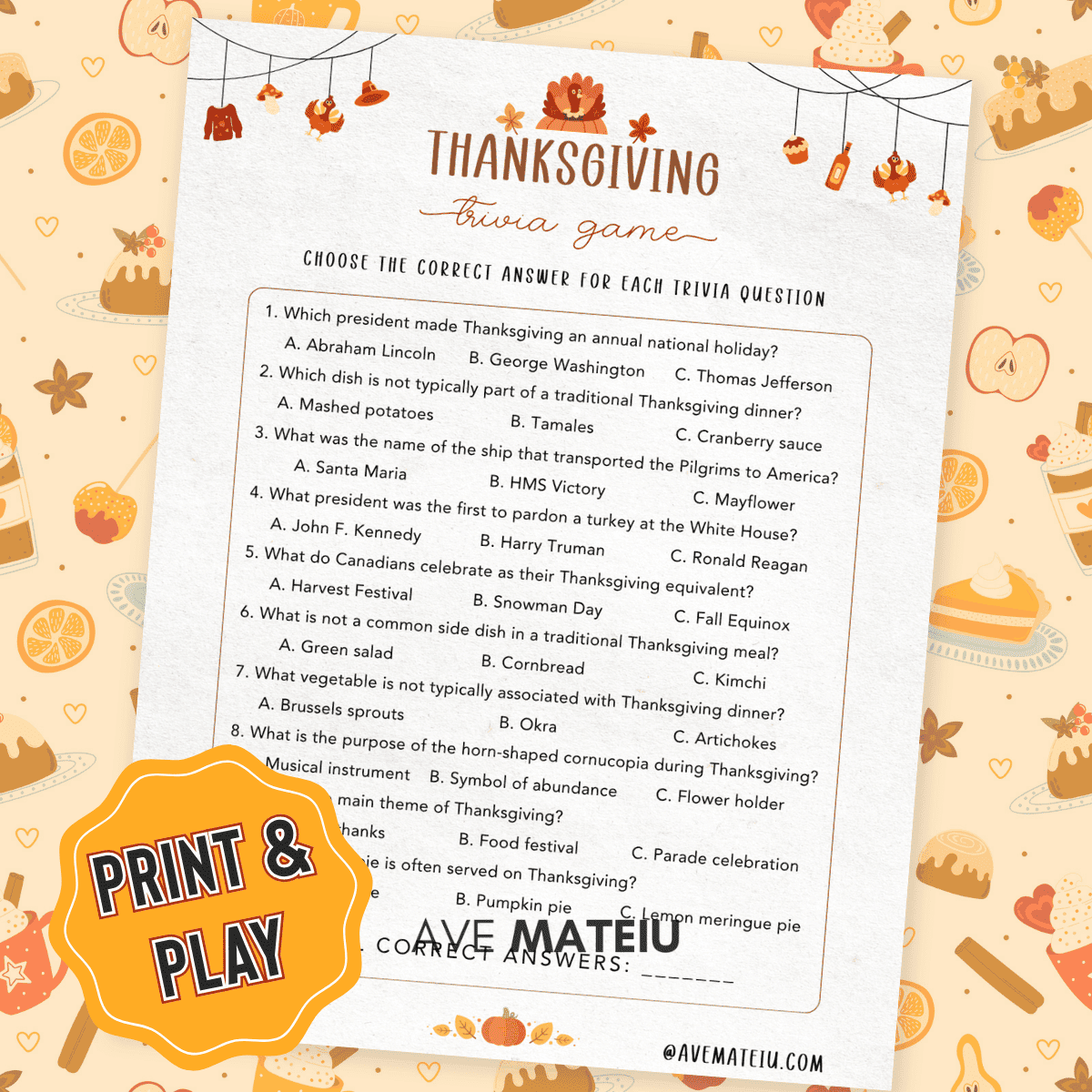 Printable Thanksgiving Trivia game — fun Thanksgiving quiz for adults, kids, and family gatherings.