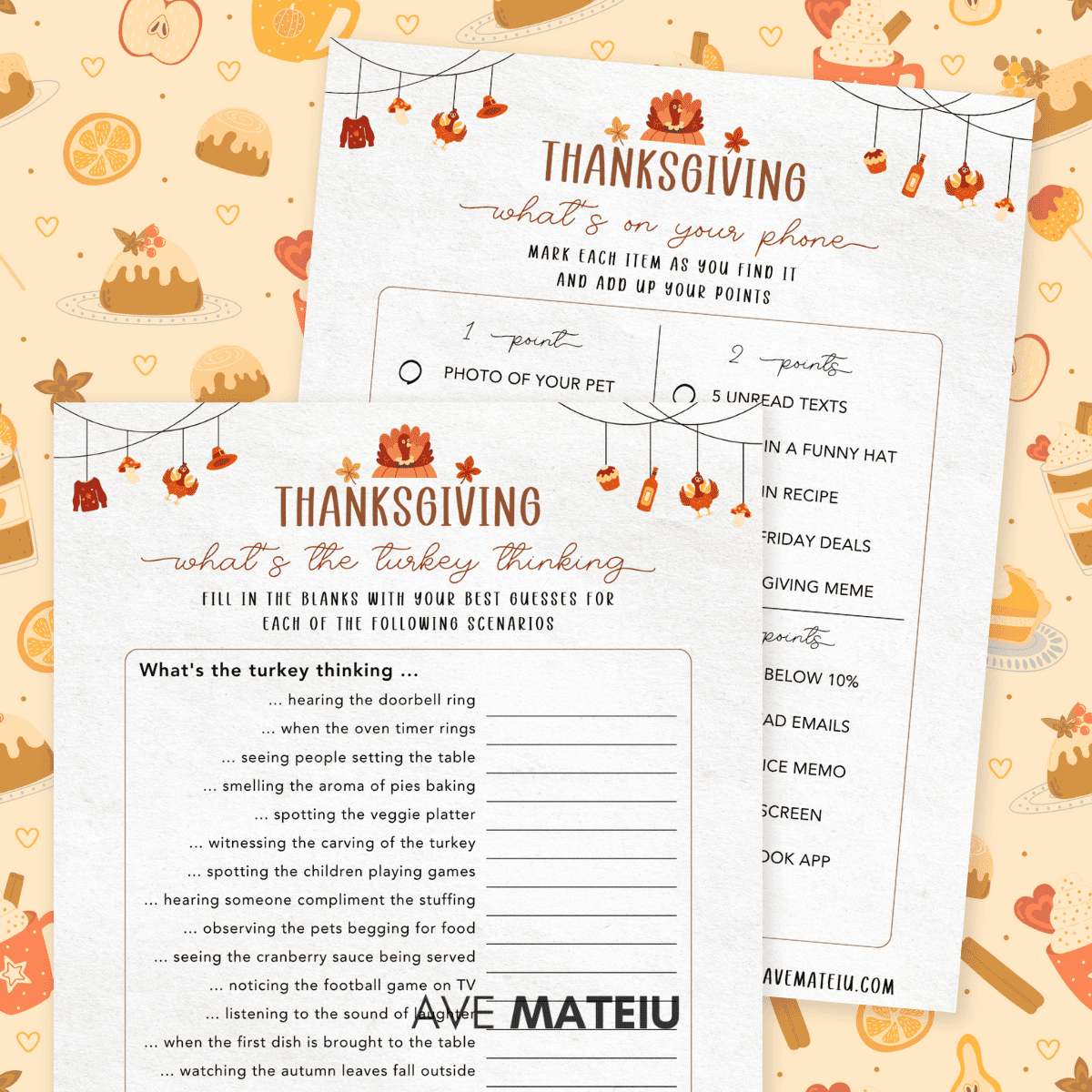 Printable Thanksgiving What’s the Turkey Thinking and What’s on Your Phone games — hilarious Thanksgiving party ideas for all ages.