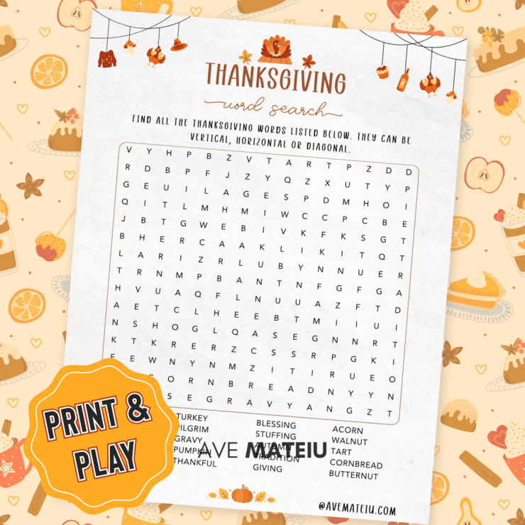 Printable Thanksgiving Word Search game for family gatherings — easy and fun Thanksgiving activity for kids and adults.