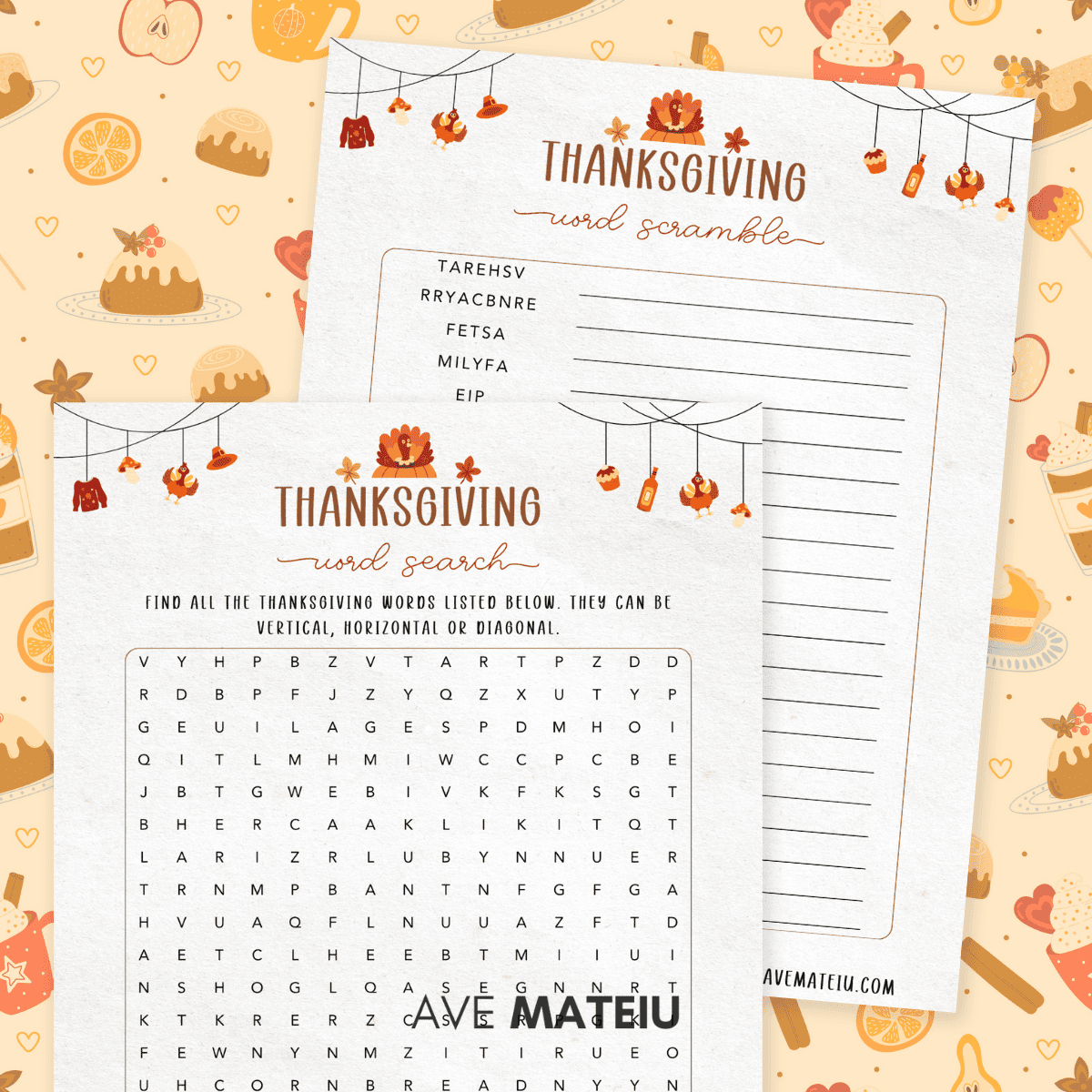 Printable Thanksgiving Word Search and Word Scramble games — fun Thanksgiving word activities for family and classroom parties.