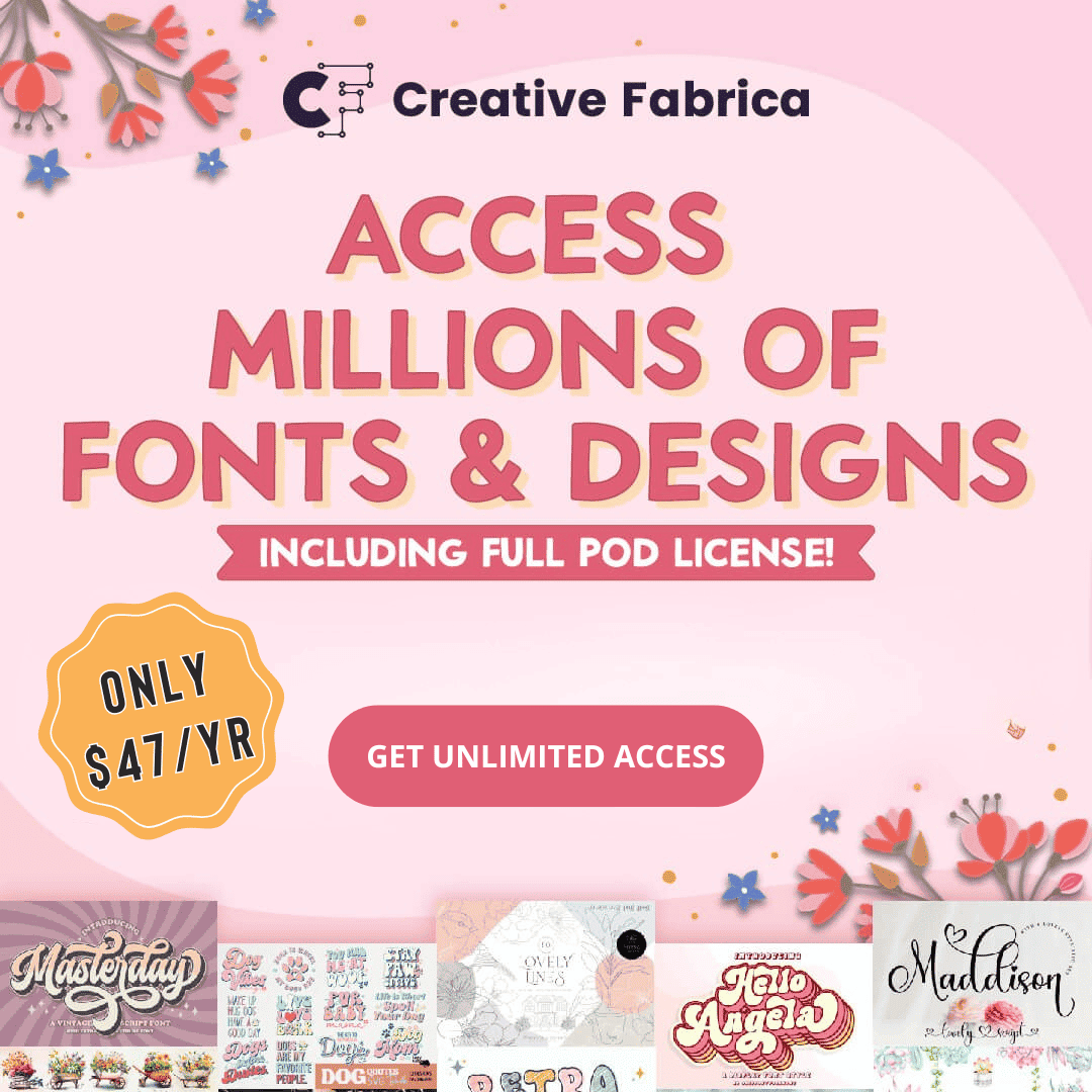Creative Fabrica All Access Yearly – Unlimited Fonts, Graphics & Assets Promotional image showcasing Creative Fabrica’s All Access yearly subscription plan, highlighting unlimited downloads of fonts, graphics, crafts, and design assets.