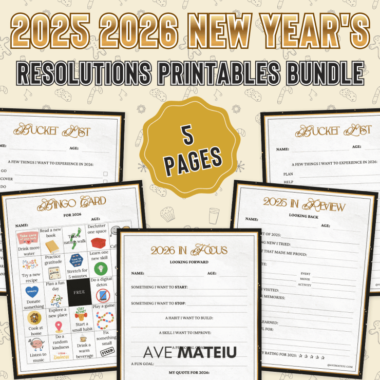 Illustration showcasing a '2025-2026 New Year's Resolutions Printables Bundle' with five pages. Includes sections for 'Bucket List', 'Bingo Card', '2026 in Focus', and '2025 in Review', set against a festive, patterned background.