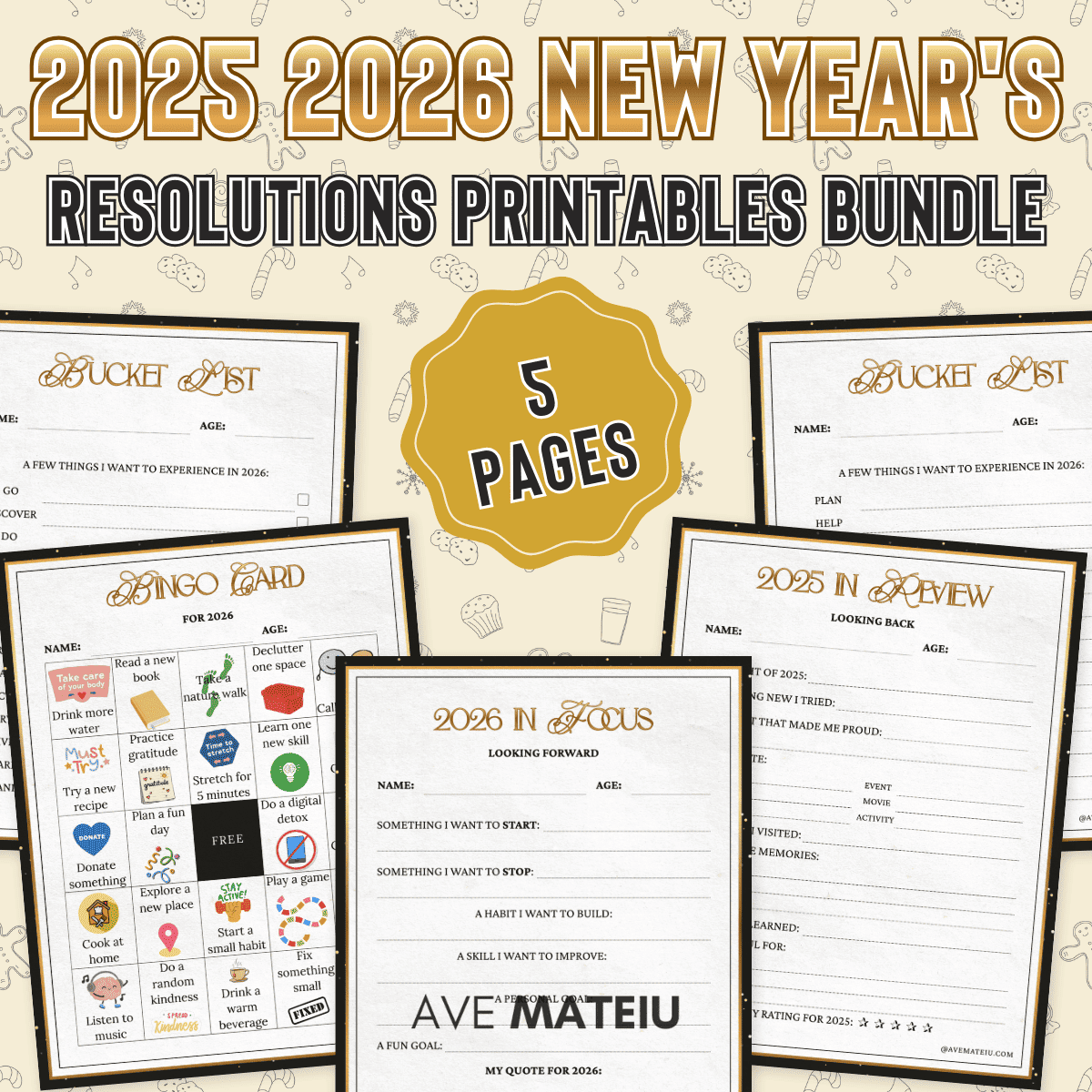 Illustration showcasing a '2025-2026 New Year's Resolutions Printables Bundle' with five pages. Includes sections for 'Bucket List', 'Bingo Card', '2026 in Focus', and '2025 in Review', set against a festive, patterned background.