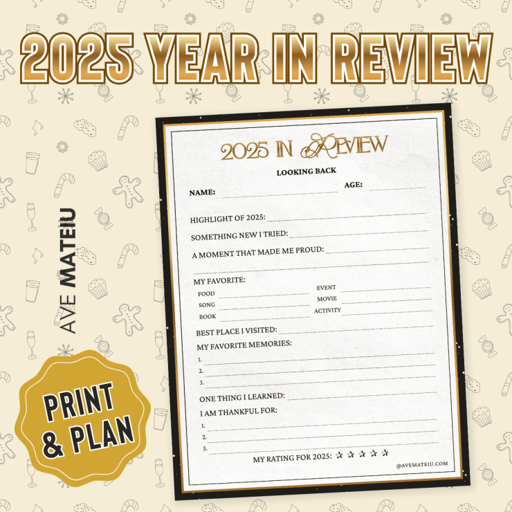 A decorative '2025 Year in Review' template with prompts for highlights, favorites, memories, and lessons. Beige background with festive icons.