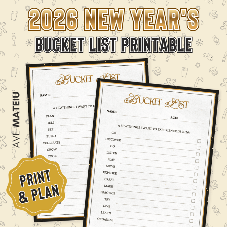 2026 New Year's bucket list printables with gold and black borders on a festive background. Lists include prompts like "plan," "celebrate," and "explore." Text reads "Print & Plan."