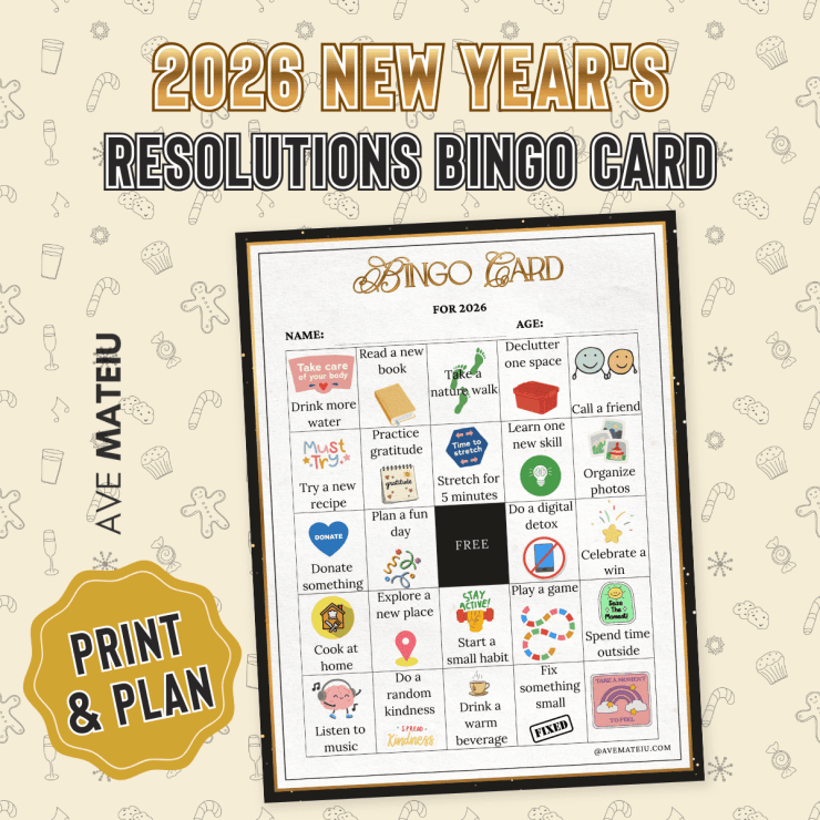 2026 New Year's Resolutions Bingo Card on a festive background with icons. Square activities include "Read a new book," "Call a friend," and "Do a digital detox."