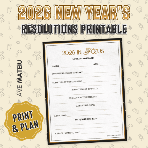 New Year's resolutions template with fields for name, age, goals, and habits for 2026. Beige background with festive icons; bold, optimistic tone.