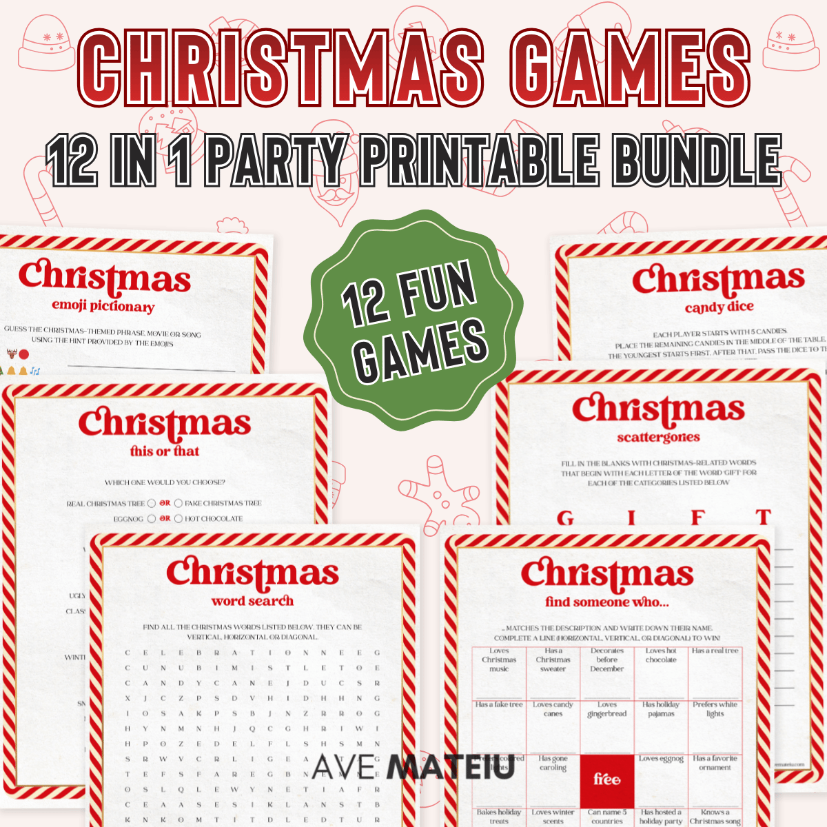 A festive image showcasing Christmas games printable: a "12 in 1" Christmas party printable game bundle. It features games like emoji pictionary, word search, scattergories, and more, surrounded by red and white candy cane borders. A green badge in the center reads "12 Fun Games." The mood is playful and holiday-themed.
